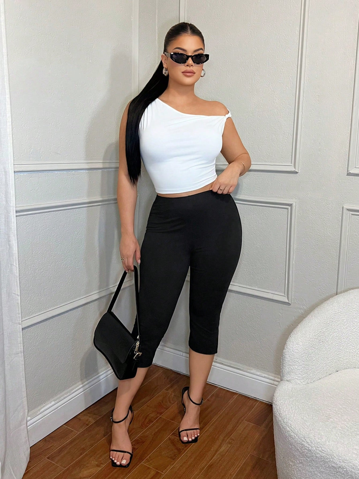 SXY Women's 91% Cotton Black Summer Basic Casual Pilates Slim Fit Split-Hem Capri Leggings,Workout & Yoga Pants,Business Office Old Money Style Outfits