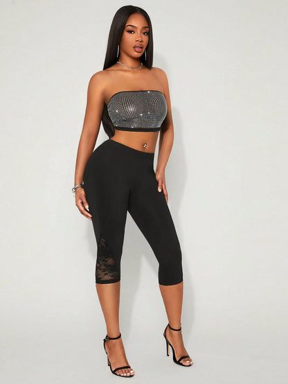 SXY Women's Solid Color Elastic Waist Contrast Lace Capri Leggings