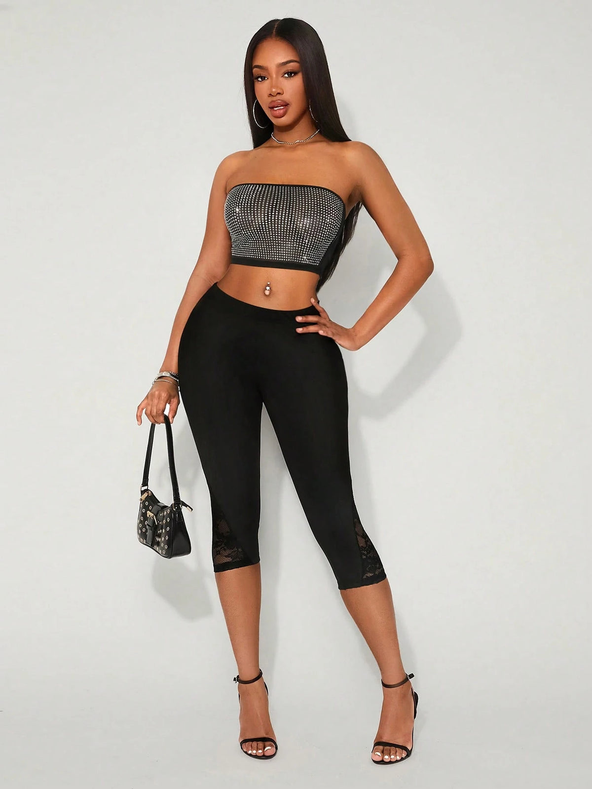 SXY Women's Solid Color Elastic Waist Contrast Lace Capri Leggings