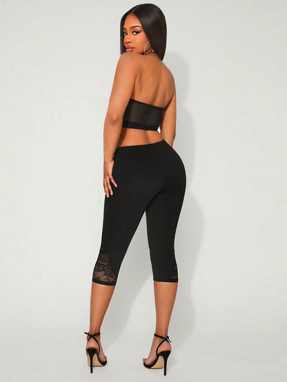 SXY Women's Solid Color Elastic Waist Contrast Lace Capri Leggings