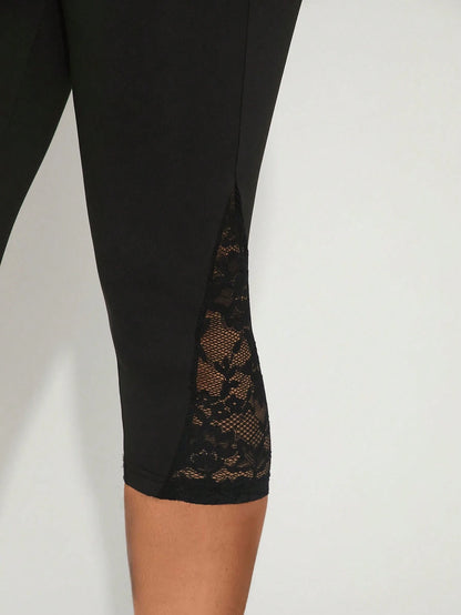 SXY Women's Solid Color Elastic Waist Contrast Lace Capri Leggings