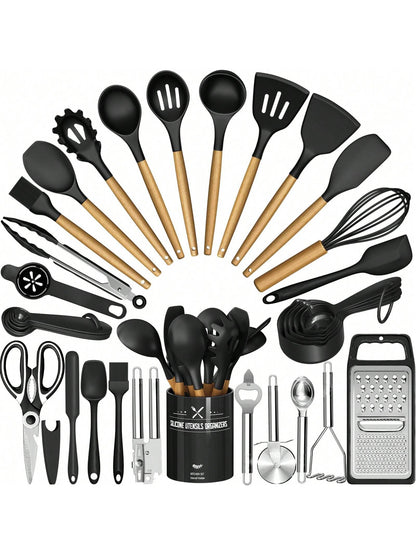 TAIMASI Kitchen Utensils Set- 34PCS Silicone Cooking Utensils With Holder, Heat Resistant Kitchen Utensil Spatula Set For Nonstick Cookware, Black Wooden Handles Kitchen Gadgets Tools Set- Perfect Fo