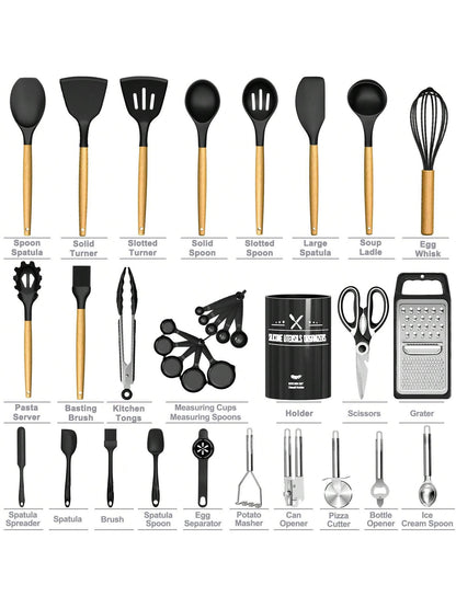 TAIMASI Kitchen Utensils Set- 34PCS Silicone Cooking Utensils With Holder, Heat Resistant Kitchen Utensil Spatula Set For Nonstick Cookware, Black Wooden Handles Kitchen Gadgets Tools Set- Perfect Fo