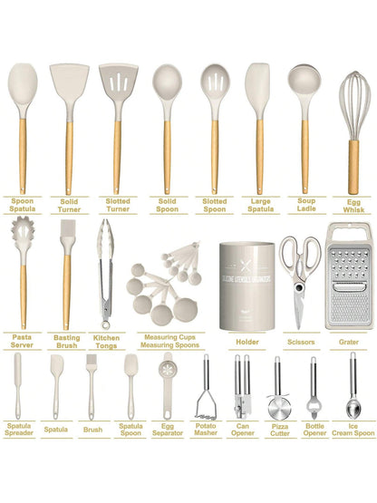 TAIMASI Kitchen Utensils Set- 34PCS Silicone Cooking Utensils With Holder, Heat Resistant Kitchen Utensil Spatula Set For Nonstick Cookware, Black Wooden Handles Kitchen Gadgets Tools Set- Perfect Fo