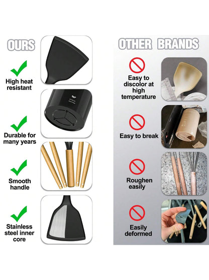 TAIMASI Kitchen Utensils Set- 34PCS Silicone Cooking Utensils With Holder, Heat Resistant Kitchen Utensil Spatula Set For Nonstick Cookware, Black Wooden Handles Kitchen Gadgets Tools Set- Perfect Fo