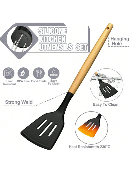 TAIMASI Kitchen Utensils Set- 34PCS Silicone Cooking Utensils With Holder, Heat Resistant Kitchen Utensil Spatula Set For Nonstick Cookware, Black Wooden Handles Kitchen Gadgets Tools Set- Perfect Fo