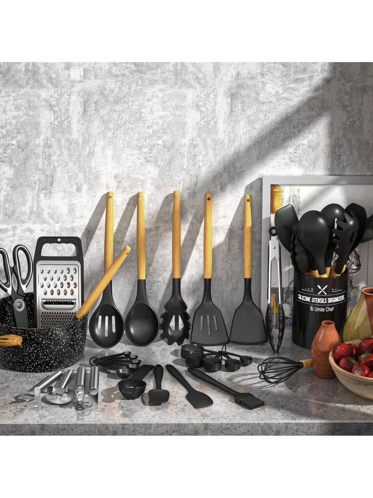 TAIMASI Kitchen Utensils Set- 34PCS Silicone Cooking Utensils With Holder, Heat Resistant Kitchen Utensil Spatula Set For Nonstick Cookware, Black Wooden Handles Kitchen Gadgets Tools Set- Perfect Fo