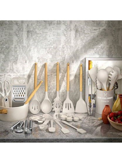 TAIMASI Kitchen Utensils Set- 34PCS Silicone Cooking Utensils With Holder, Heat Resistant Kitchen Utensil Spatula Set For Nonstick Cookware, Black Wooden Handles Kitchen Gadgets Tools Set- Perfect Fo
