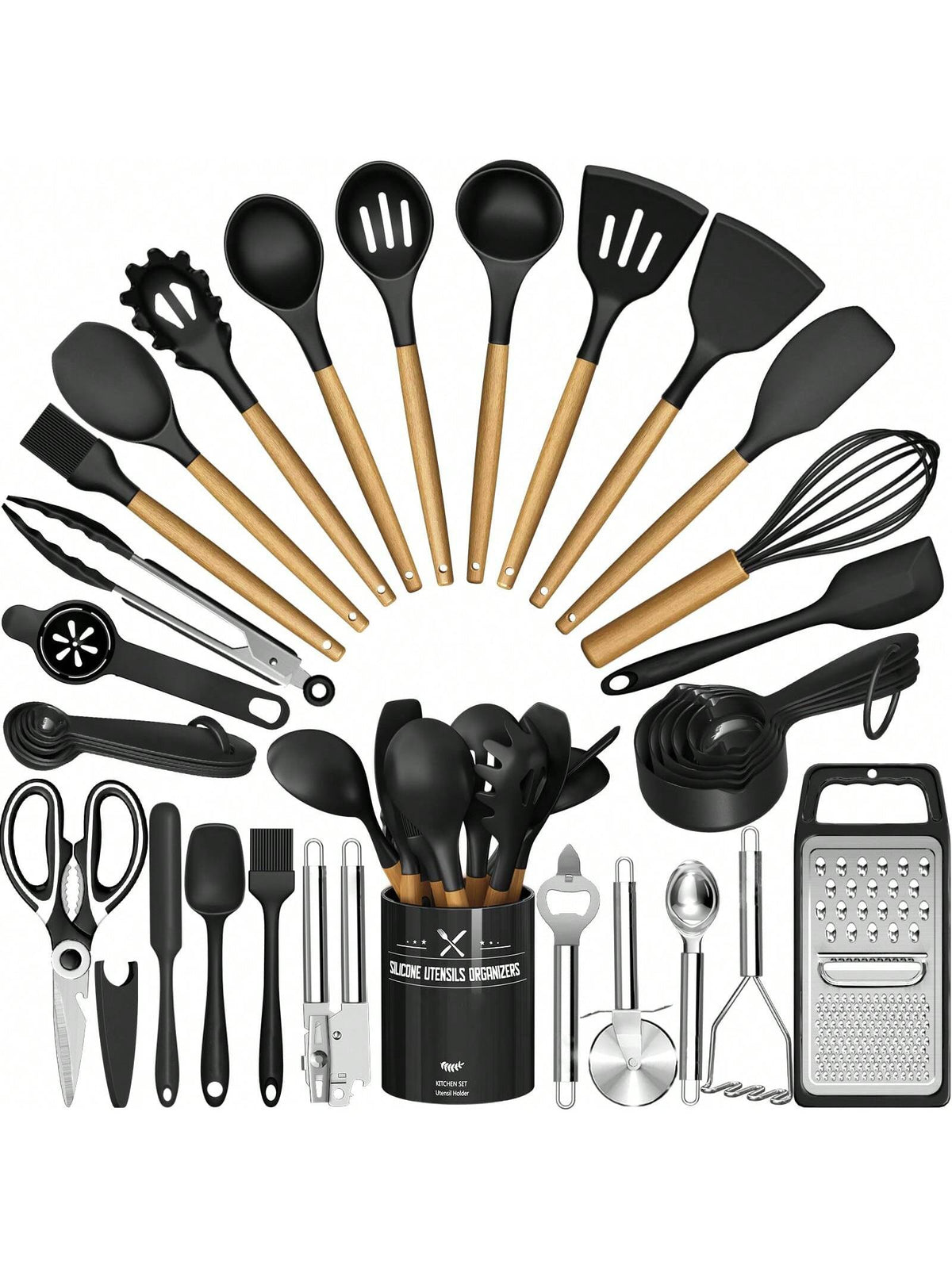 TAIMASI Kitchen Utensils Set- 34PCS Silicone Cooking Utensils With Holder, Heat Resistant Kitchen Utensil Spatula Set For Nonstick Cookware, Black Wooden Handles Kitchen Gadgets Tools Set- Perfect Fo