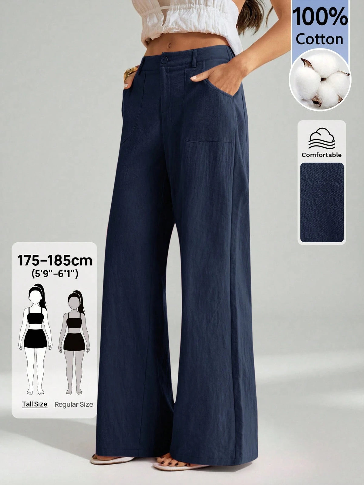 Tall 100% Washed Cotton Low Waist Straight Pants, Tall Women
