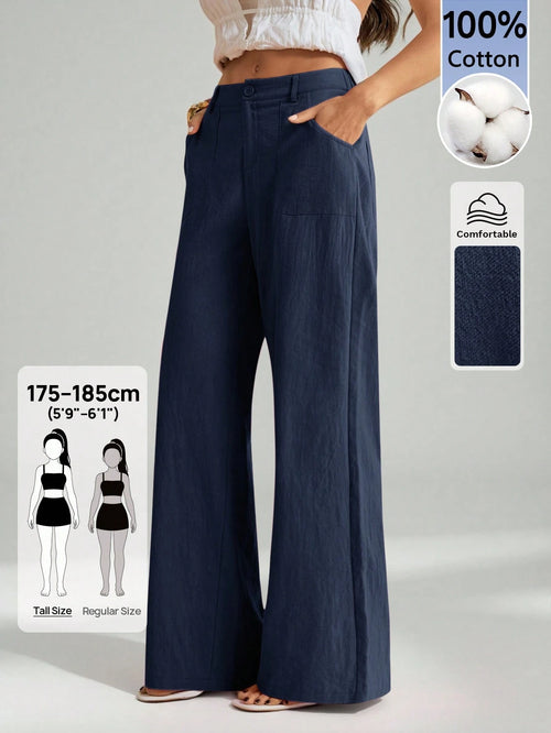 Tall 100% Washed Cotton Low Waist Straight Pants, Tall Women