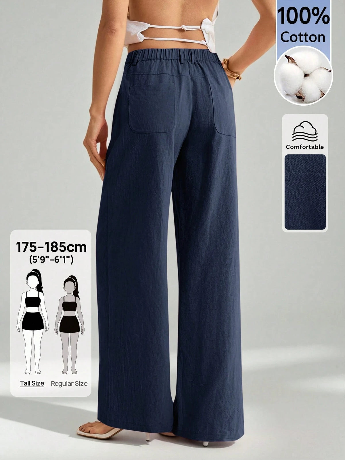 Tall 100% Washed Cotton Low Waist Straight Pants, Tall Women