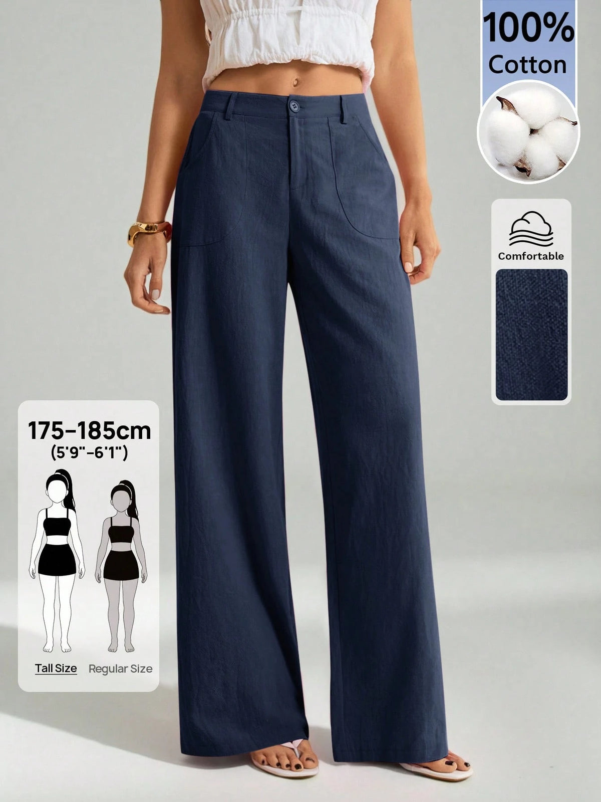 Tall 100% Washed Cotton Low Waist Straight Pants, Tall Women