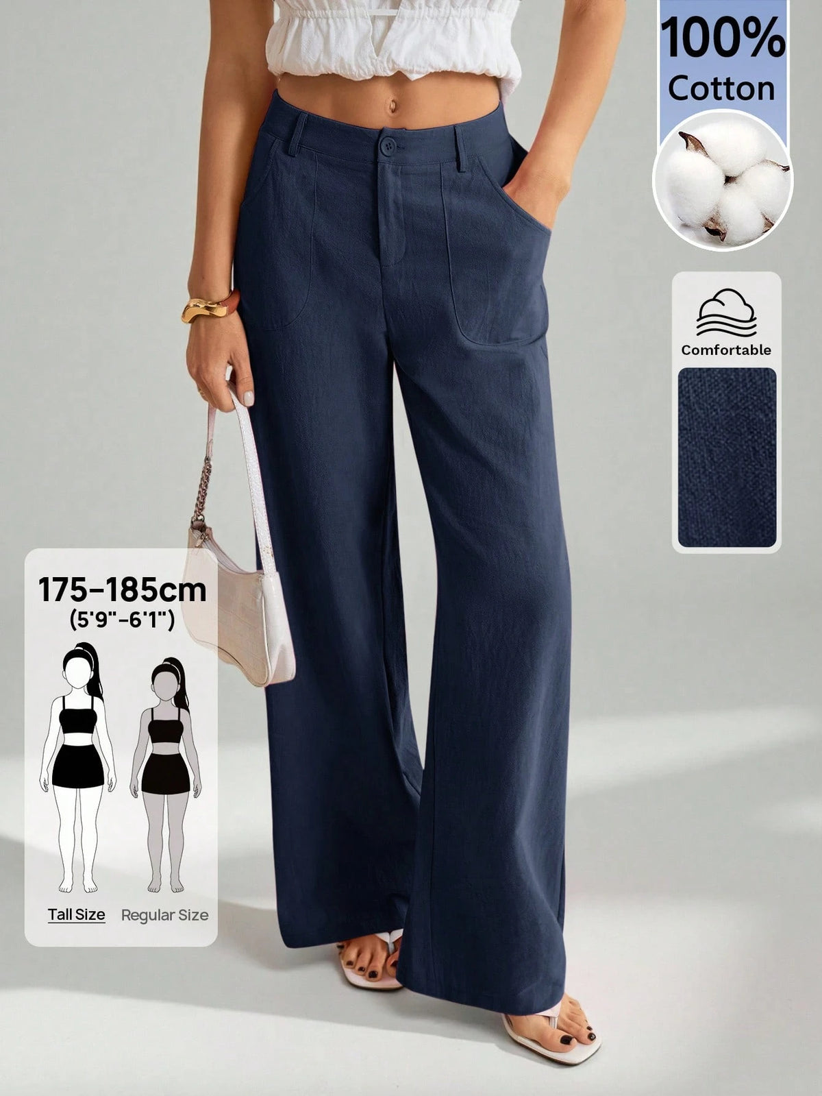 Tall 100% Washed Cotton Low Waist Straight Pants, Tall Women
