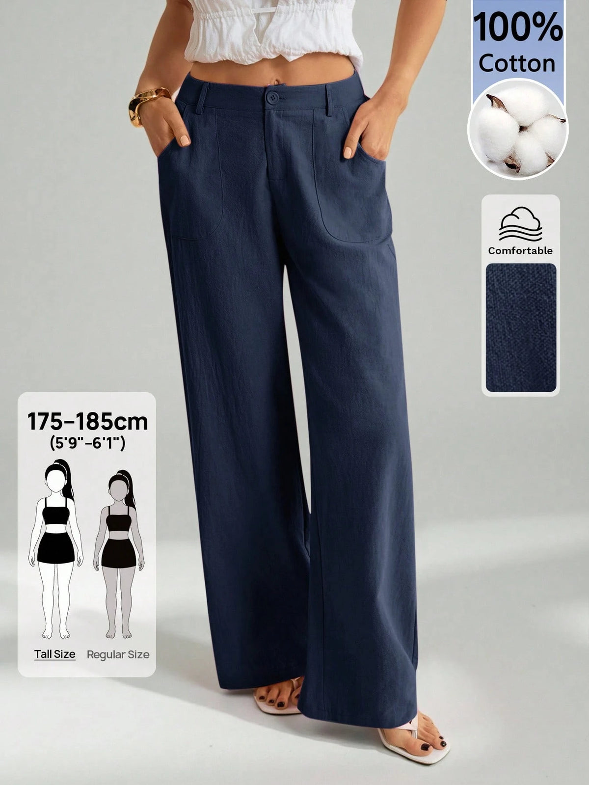 Tall 100% Washed Cotton Low Waist Straight Pants, Tall Women