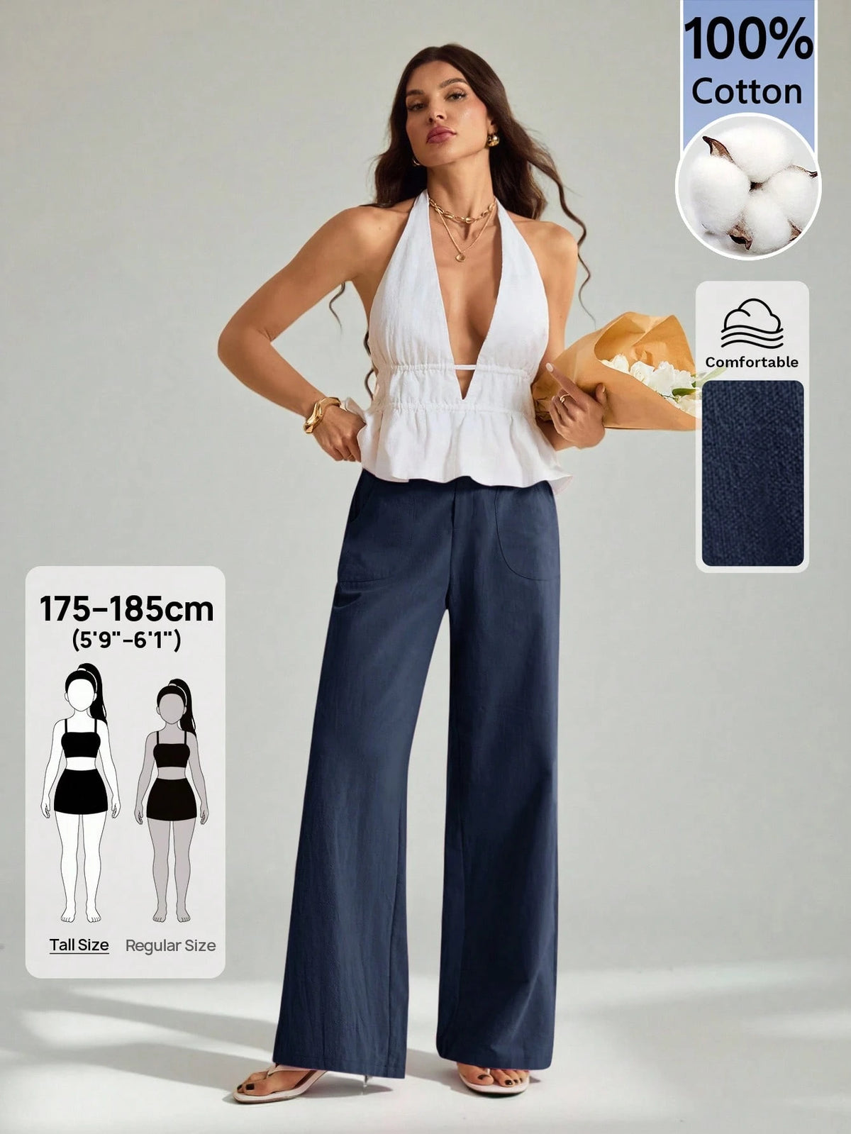 Tall 100% Washed Cotton Low Waist Straight Pants, Tall Women