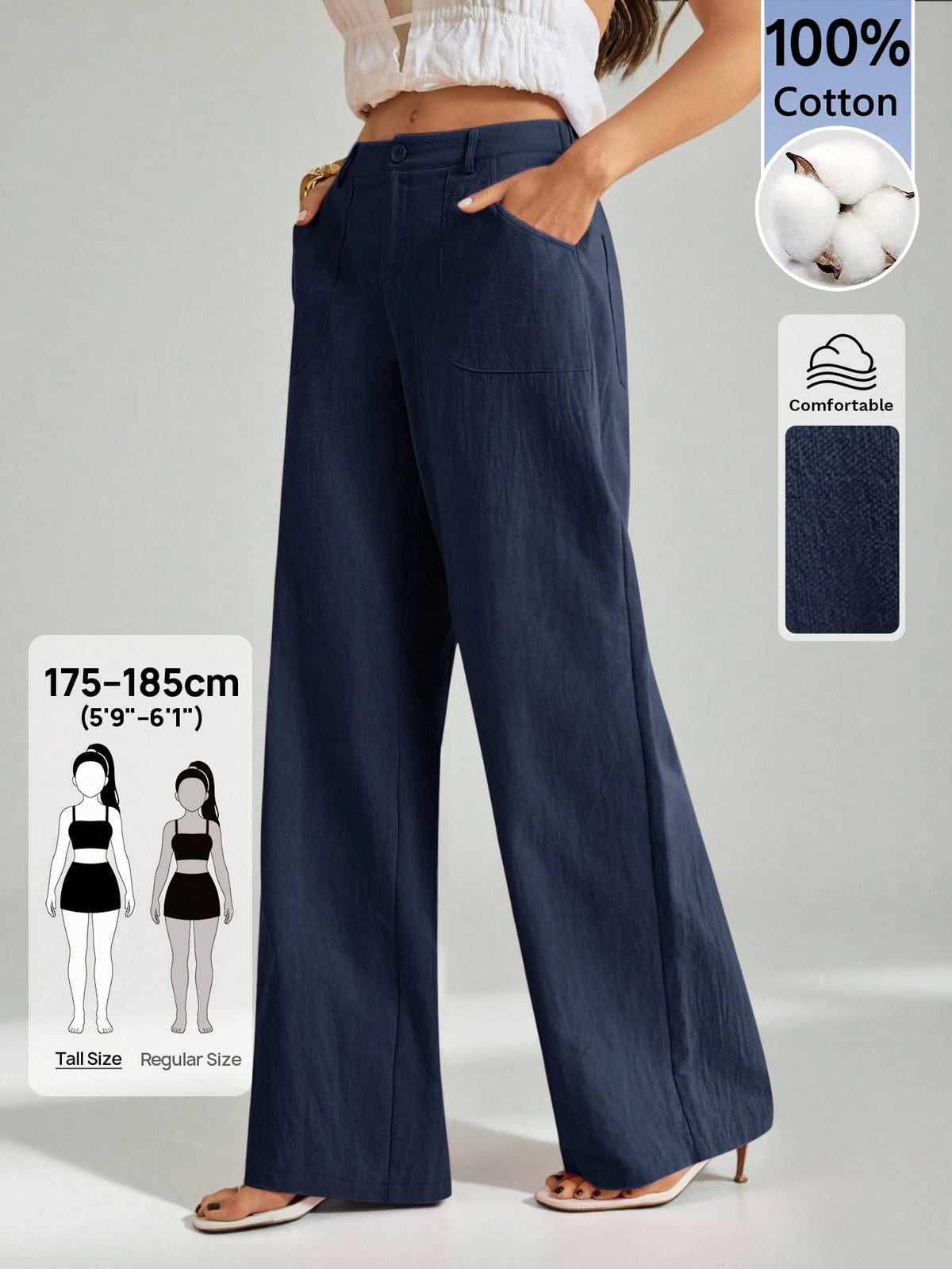 Tall 100% Washed Cotton Low Waist Straight Pants, Tall Women