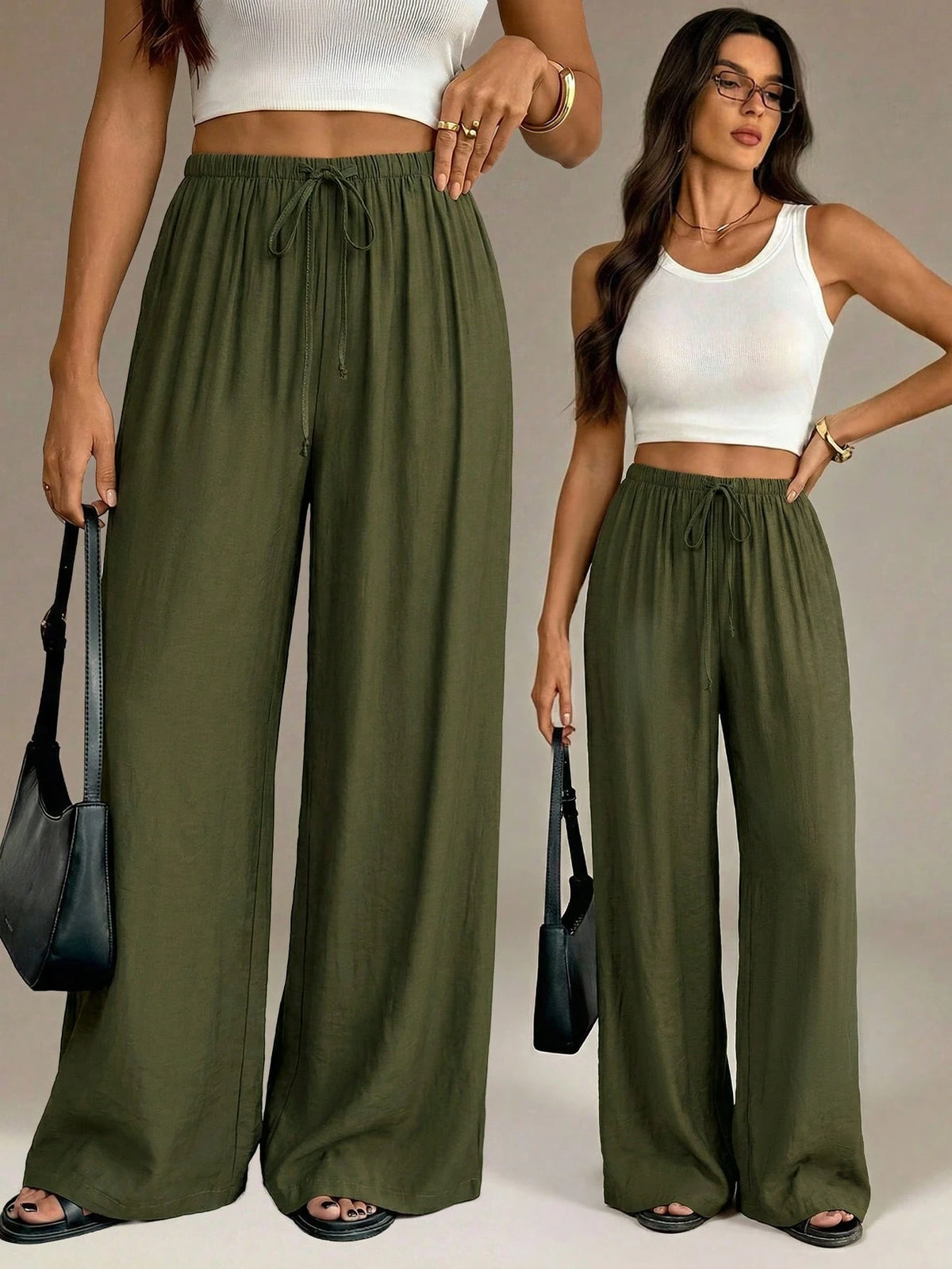 Tall Army Green Summer Chic Vacation Women Wide Leg Pants,Elegant High Waist Baggy Straight Trousers For Work,Office,Casual Streetwear&Y2k Fashion Clothes, Tall Women