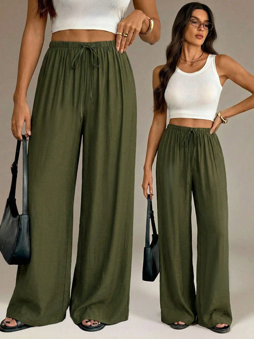 Tall Army Green Summer Chic Vacation Women Wide Leg Pants,Elegant High Waist Baggy Straight Trousers For Work,Office,Casual Streetwear&Y2k Fashion Clothes, Tall Women