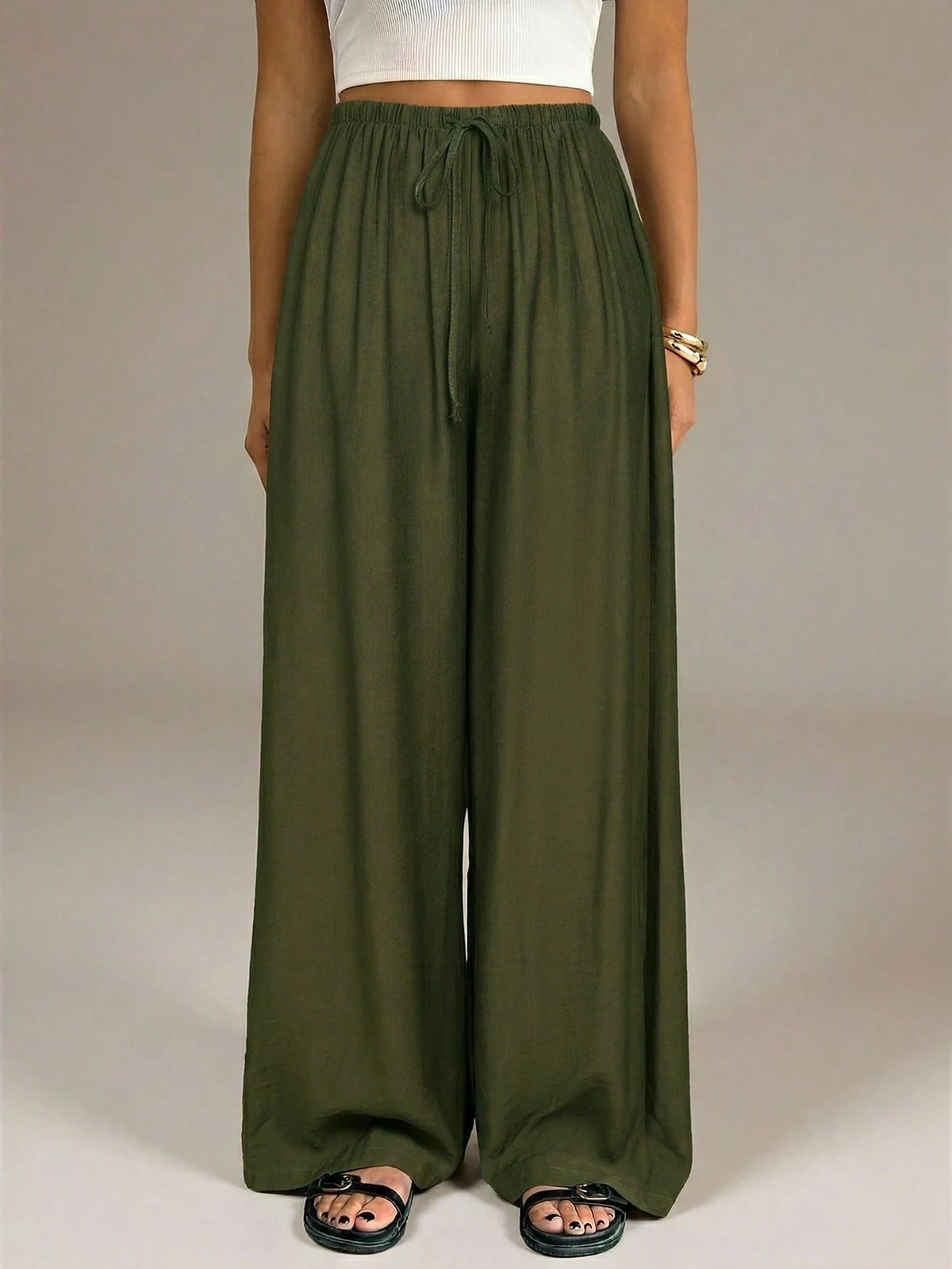 Tall Army Green Summer Chic Vacation Women Wide Leg Pants,Elegant High Waist Baggy Straight Trousers For Work,Office,Casual Streetwear&Y2k Fashion Clothes, Tall Women