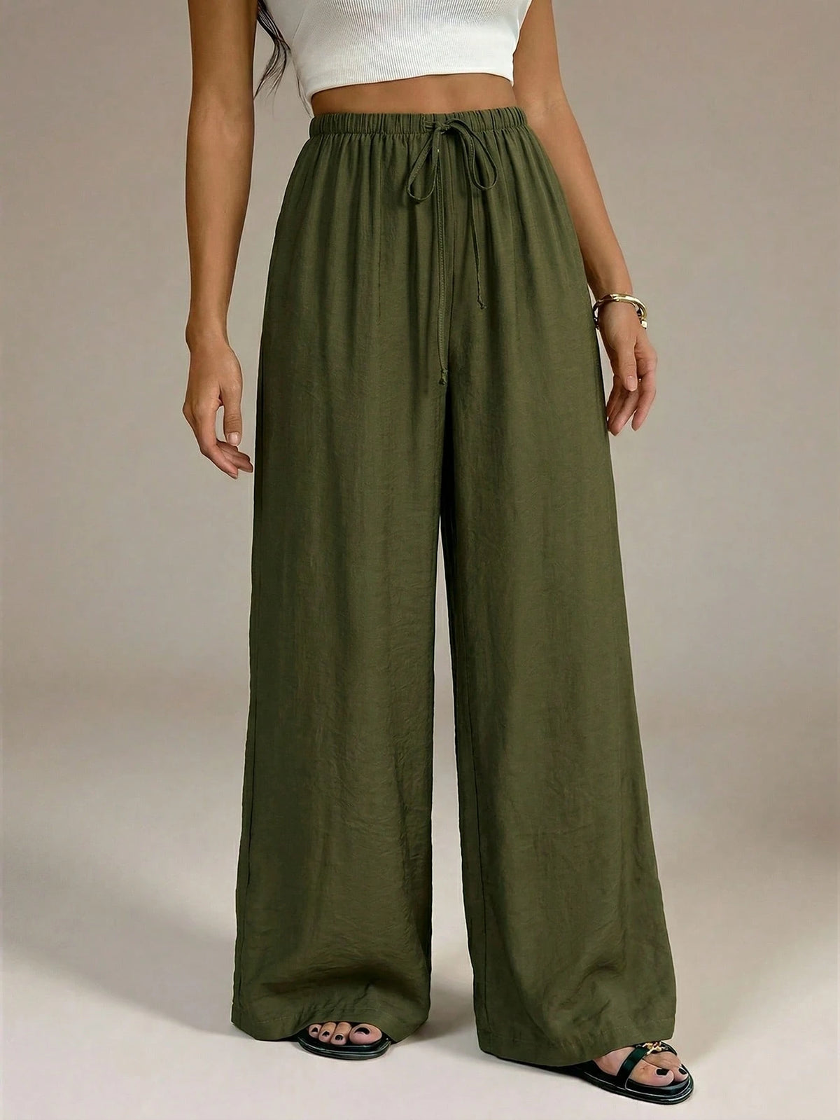 Tall Army Green Summer Chic Vacation Women Wide Leg Pants,Elegant High Waist Baggy Straight Trousers For Work,Office,Casual Streetwear&Y2k Fashion Clothes, Tall Women