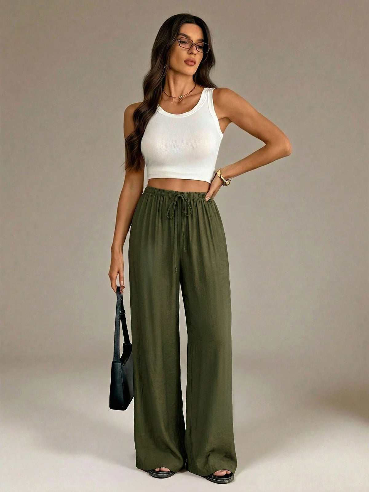 Tall Army Green Summer Chic Vacation Women Wide Leg Pants,Elegant High Waist Baggy Straight Trousers For Work,Office,Casual Streetwear&Y2k Fashion Clothes, Tall Women