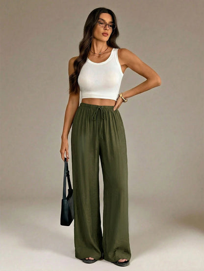 Tall Army Green Summer Chic Vacation Women Wide Leg Pants,Elegant High Waist Baggy Straight Trousers For Work,Office,Casual Streetwear&Y2k Fashion Clothes, Tall Women