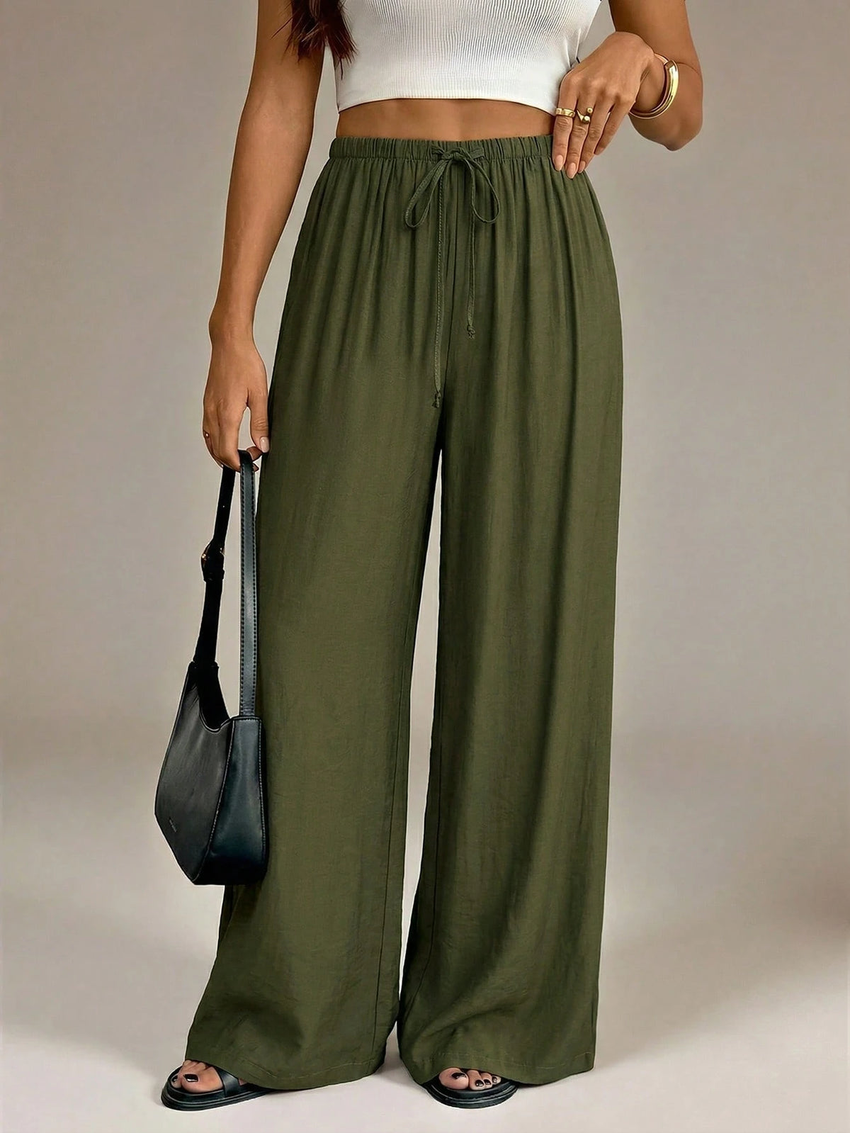Tall Army Green Summer Chic Vacation Women Wide Leg Pants,Elegant High Waist Baggy Straight Trousers For Work,Office,Casual Streetwear&Y2k Fashion Clothes, Tall Women