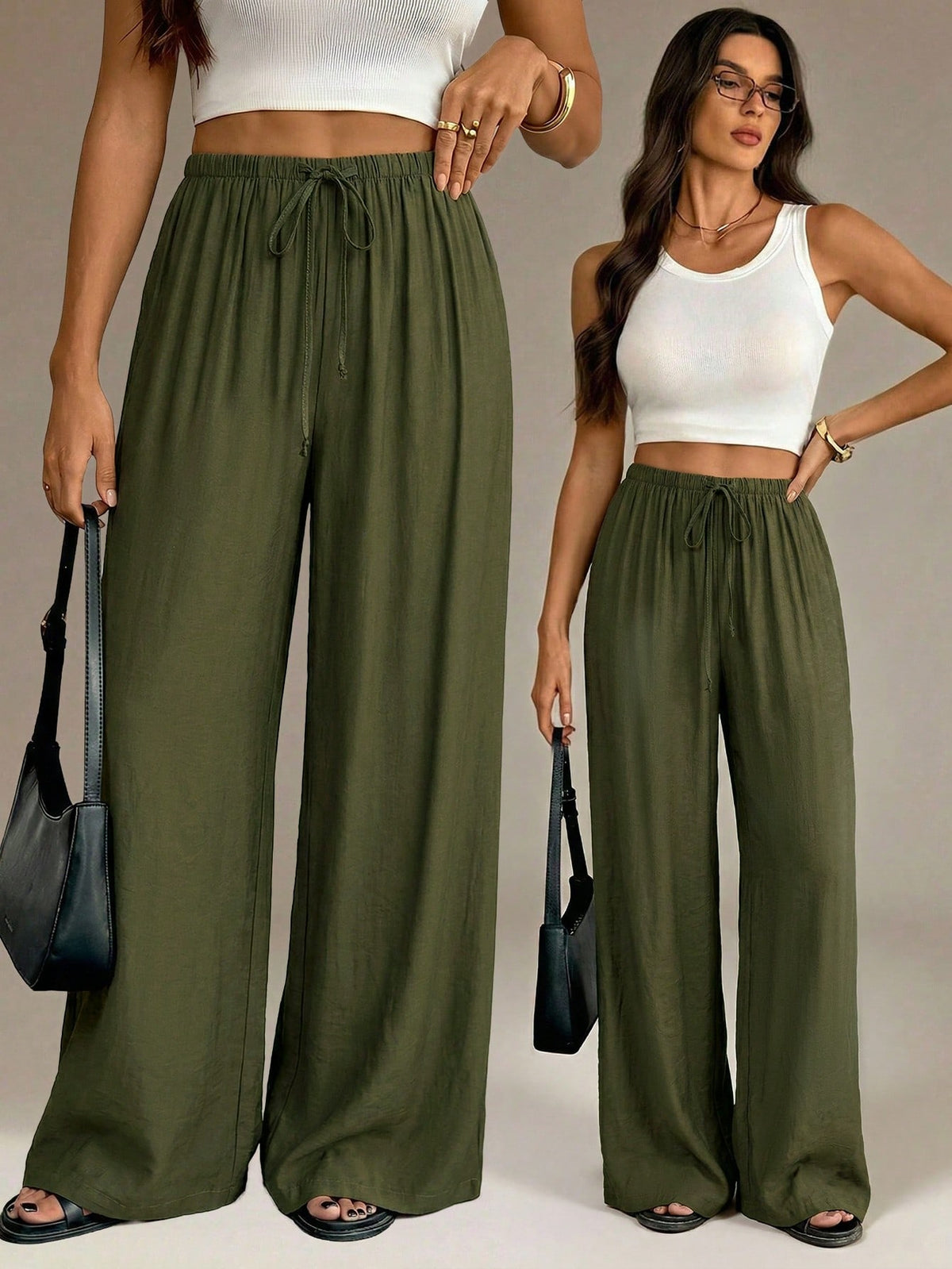 Tall Army Green Summer Chic Vacation Women Wide Leg Pants,Elegant High Waist Baggy Straight Trousers For Work,Office,Casual Streetwear&Y2k Fashion Clothes, Tall Women