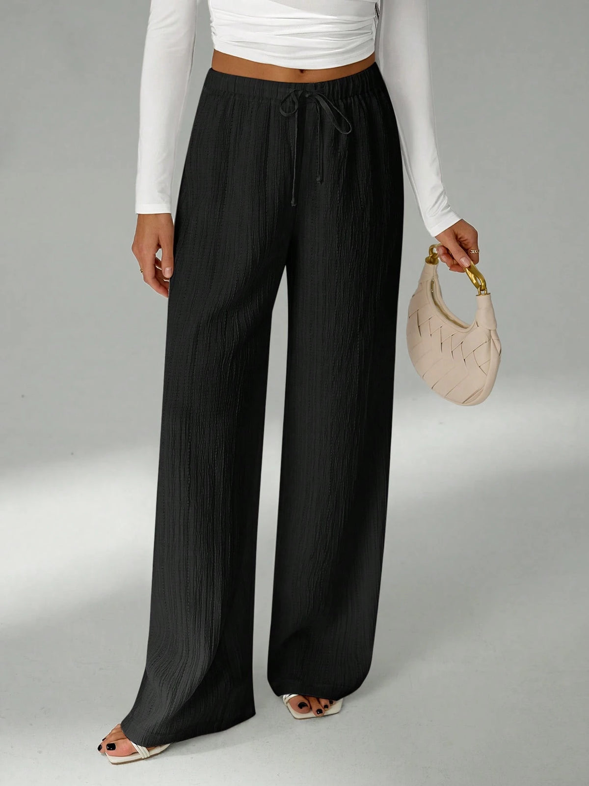 Tall Loose Drawstring Waist Trousers In Textured Crinkle Fabric, Tall Women