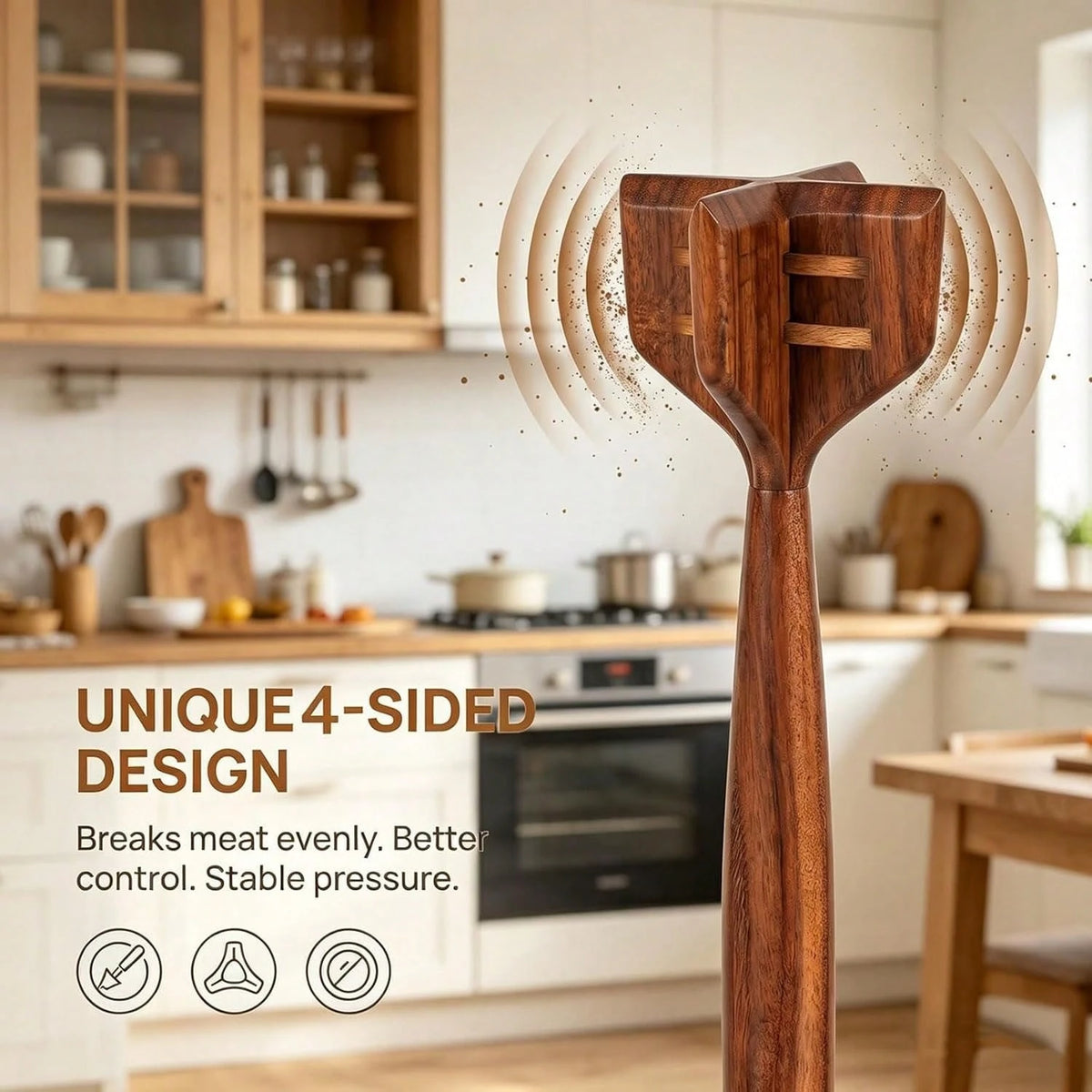 Teak Wooden Meat Masher Chopper, Ground Beef Masher, Chicken Shredder&Meat Chopper, Non-Scratch Ground Meat Chopper For Nonstick Cookware, Heat Resistant Potato Masher