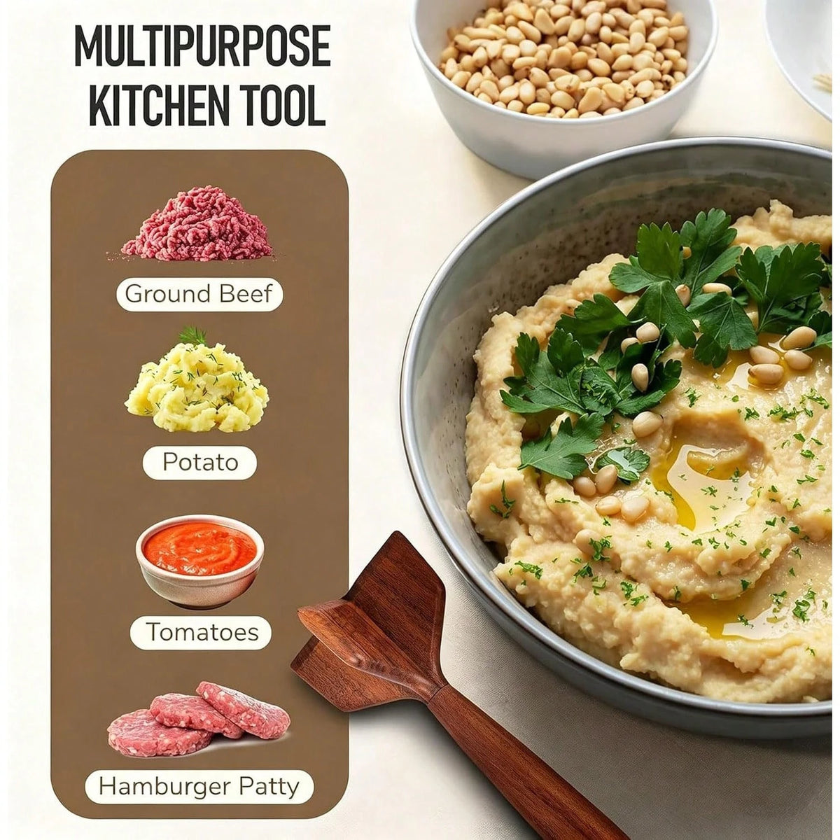 Teak Wooden Meat Masher Chopper, Ground Beef Masher, Chicken Shredder&Meat Chopper, Non-Scratch Ground Meat Chopper For Nonstick Cookware, Heat Resistant Potato Masher
