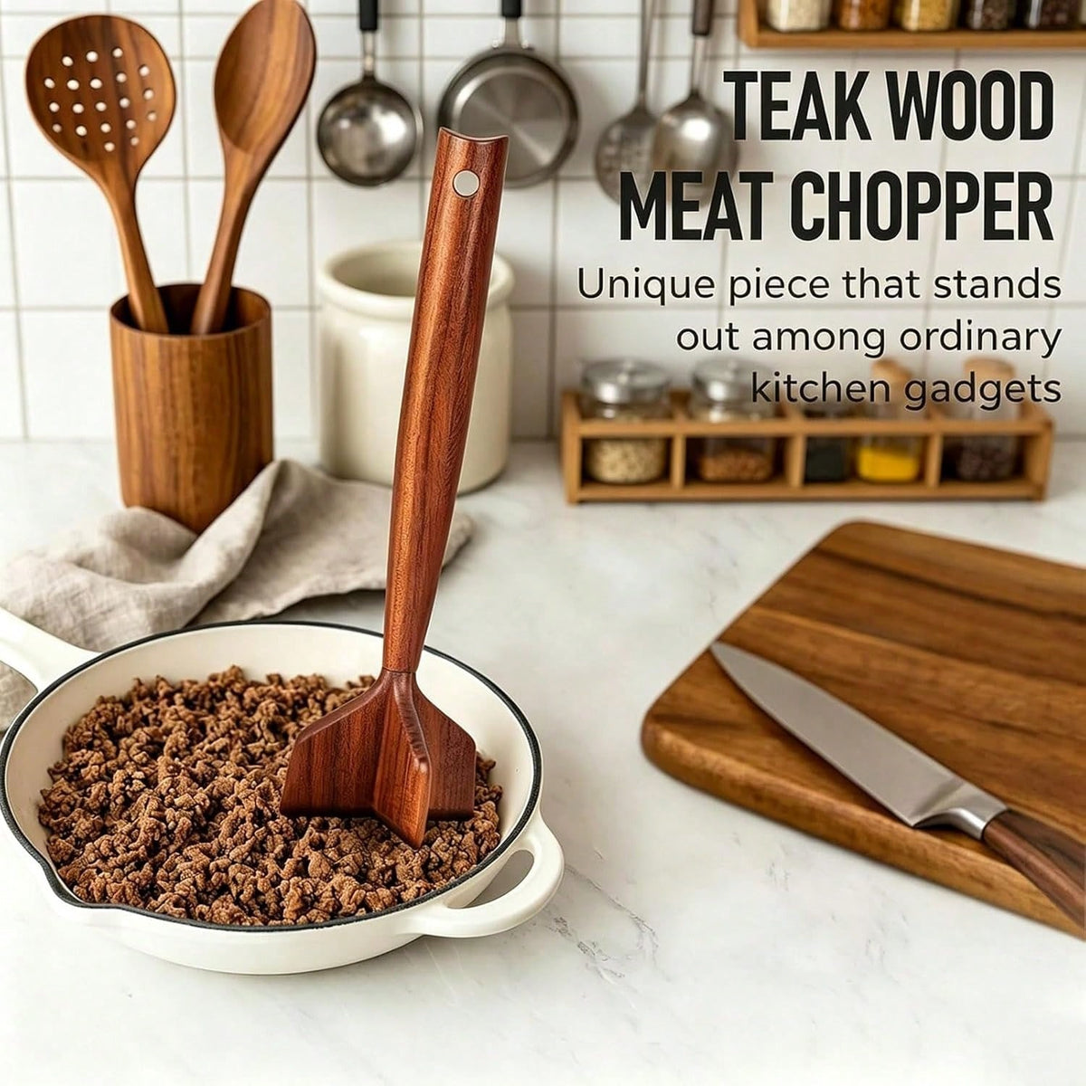 Teak Wooden Meat Masher Chopper, Ground Beef Masher, Chicken Shredder&Meat Chopper, Non-Scratch Ground Meat Chopper For Nonstick Cookware, Heat Resistant Potato Masher