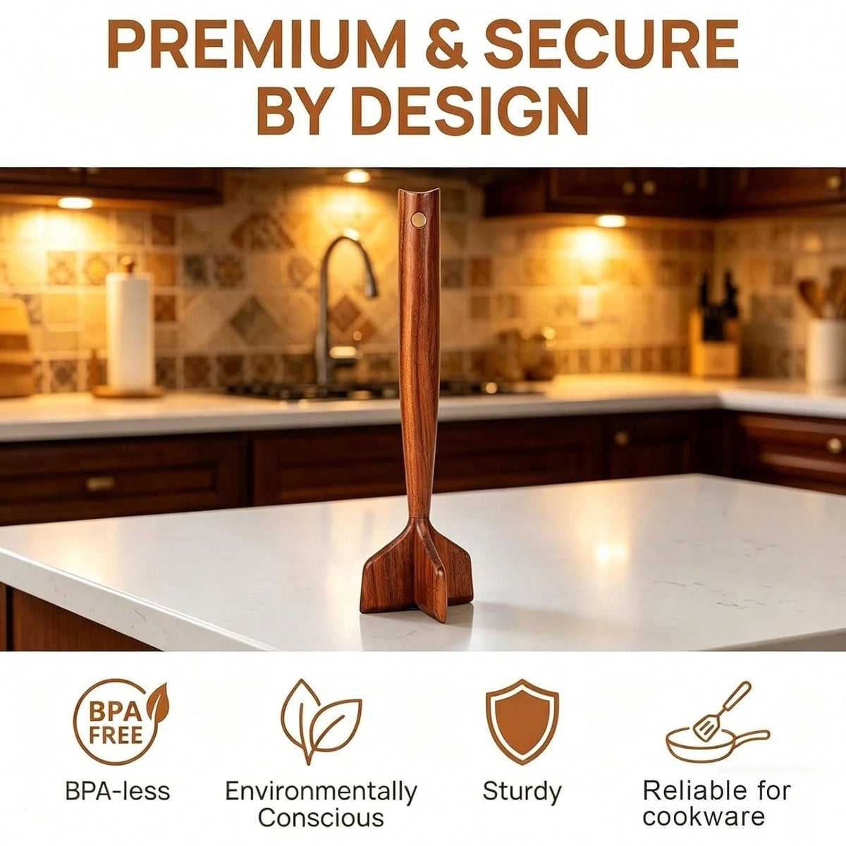 Teak Wooden Meat Masher Chopper, Ground Beef Masher, Chicken Shredder&Meat Chopper, Non-Scratch Ground Meat Chopper For Nonstick Cookware, Heat Resistant Potato Masher