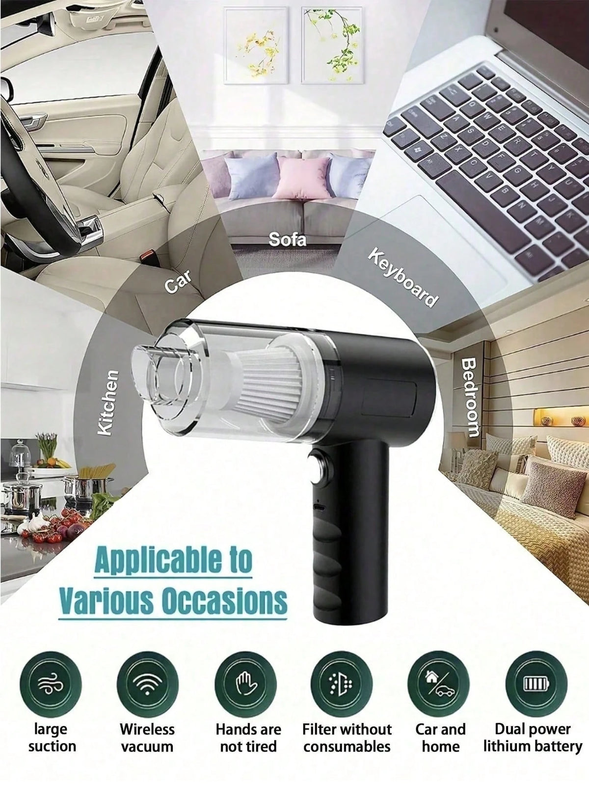 This 3-In-1 Wireless Handheld Vacuum Cleaner Is Compact And Portable With Powerful Suction. It Features A Built-In 1800mAh Type-C Rechargeable Battery, Suitable For Car, Home And Pet Cleaning, Adaptin