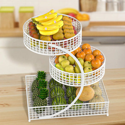 Three-Tier Round Metal Storage Rack-No Assembly Required, Polished Finish, Multi-Tiered Storage Rack For Kitchen And Bathroom Items, Produce Basket, Kitchen Storage, Stylish Storage Rack, Kitchen Orga