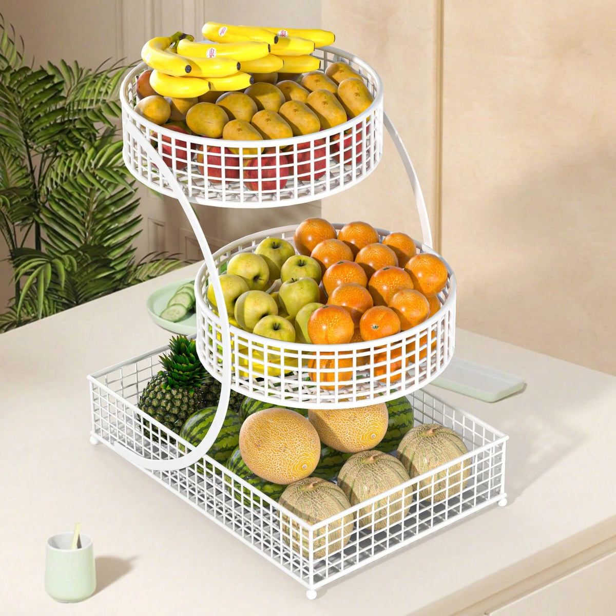 Three-Tier Round Metal Storage Rack-No Assembly Required, Polished Finish, Multi-Tiered Storage Rack For Kitchen And Bathroom Items, Produce Basket, Kitchen Storage, Stylish Storage Rack, Kitchen Orga