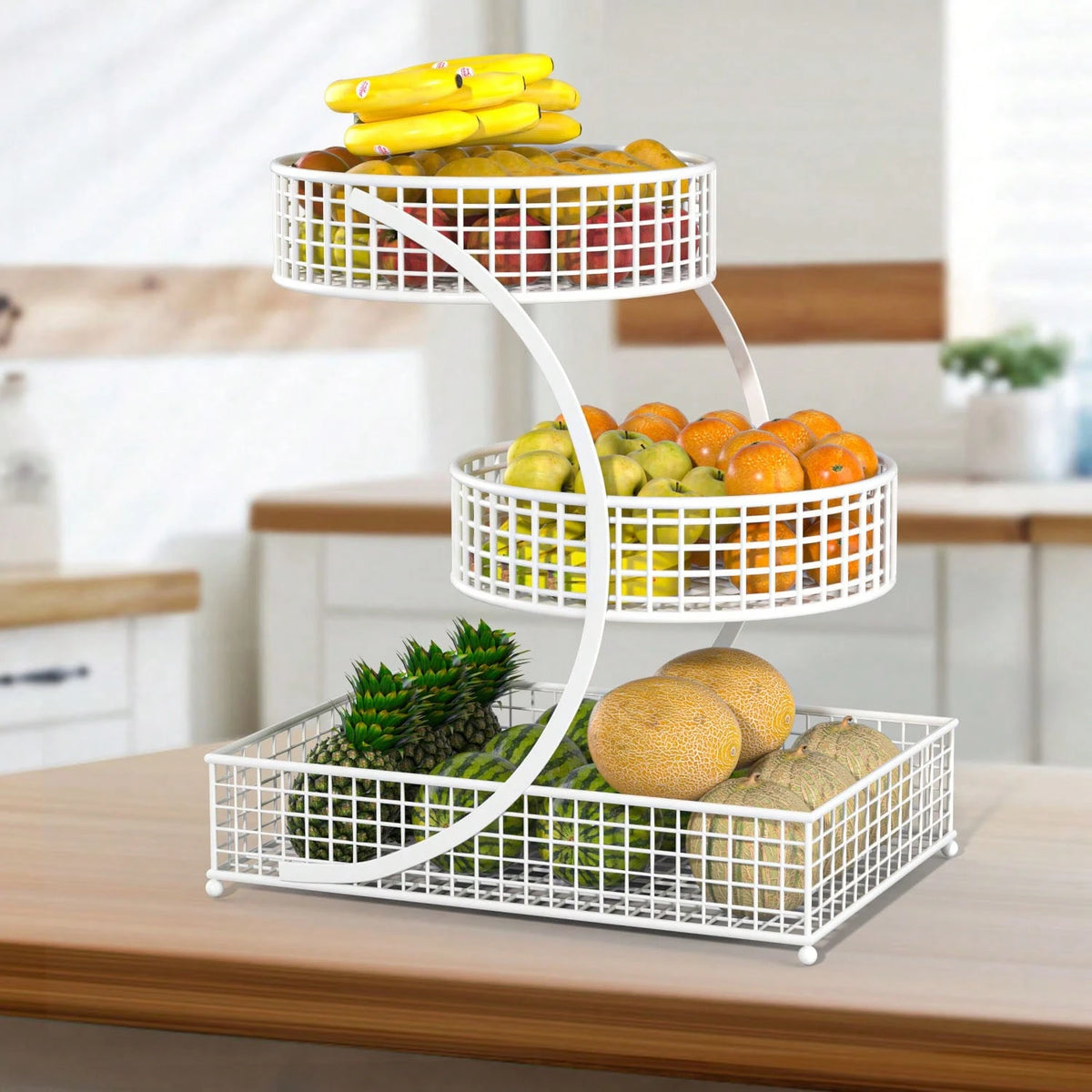 Three-Tier Round Metal Storage Rack-No Assembly Required, Polished Finish, Multi-Tiered Storage Rack For Kitchen And Bathroom Items, Produce Basket, Kitchen Storage, Stylish Storage Rack, Kitchen Orga