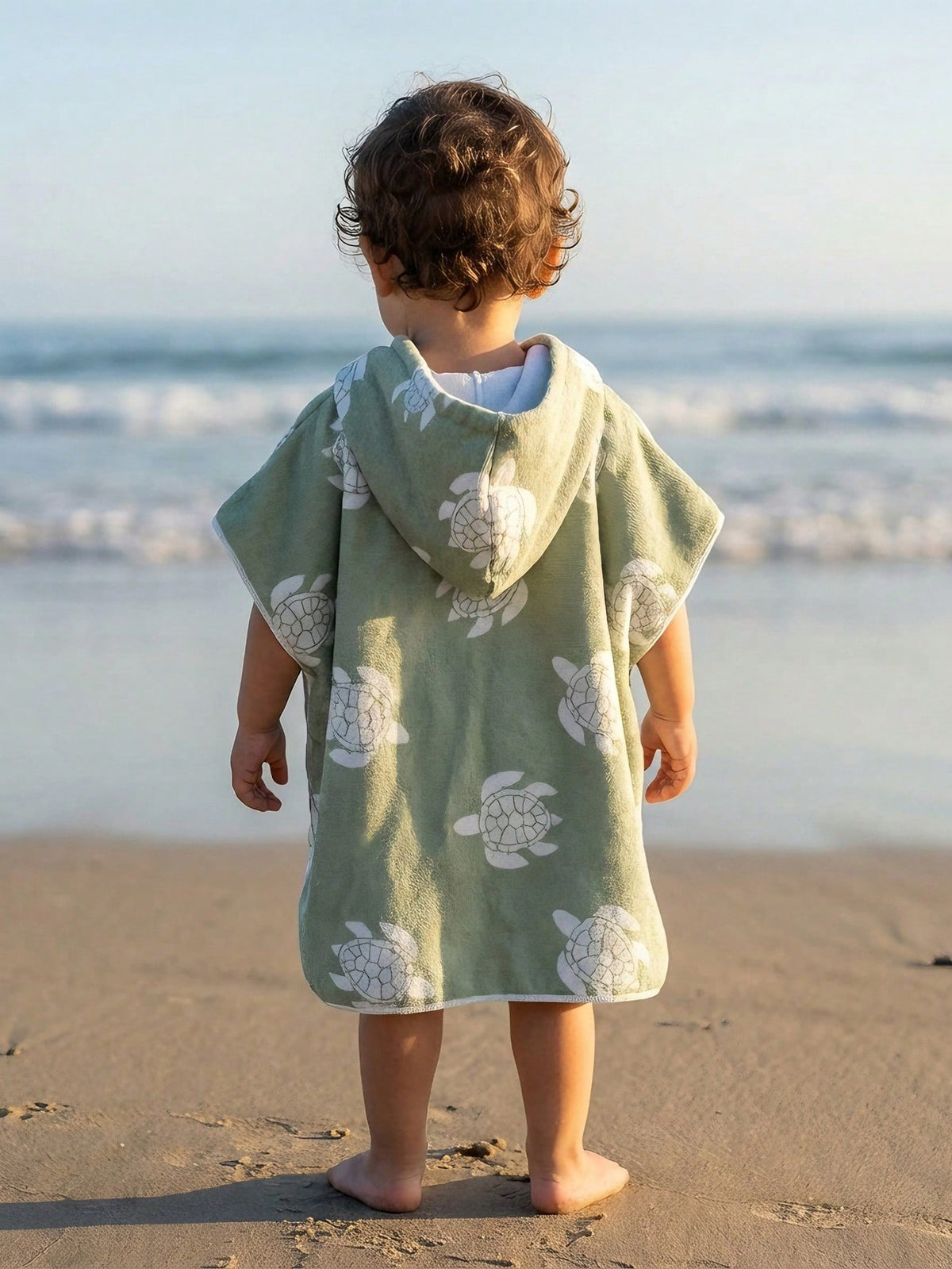 Toddler Boys' Sage Green Cartoon Sea Turtle Print Hooded Cover Up,Summer Casual Beach Vacation Holiday Infant Wearable Towel Poncho Swimwear Cape