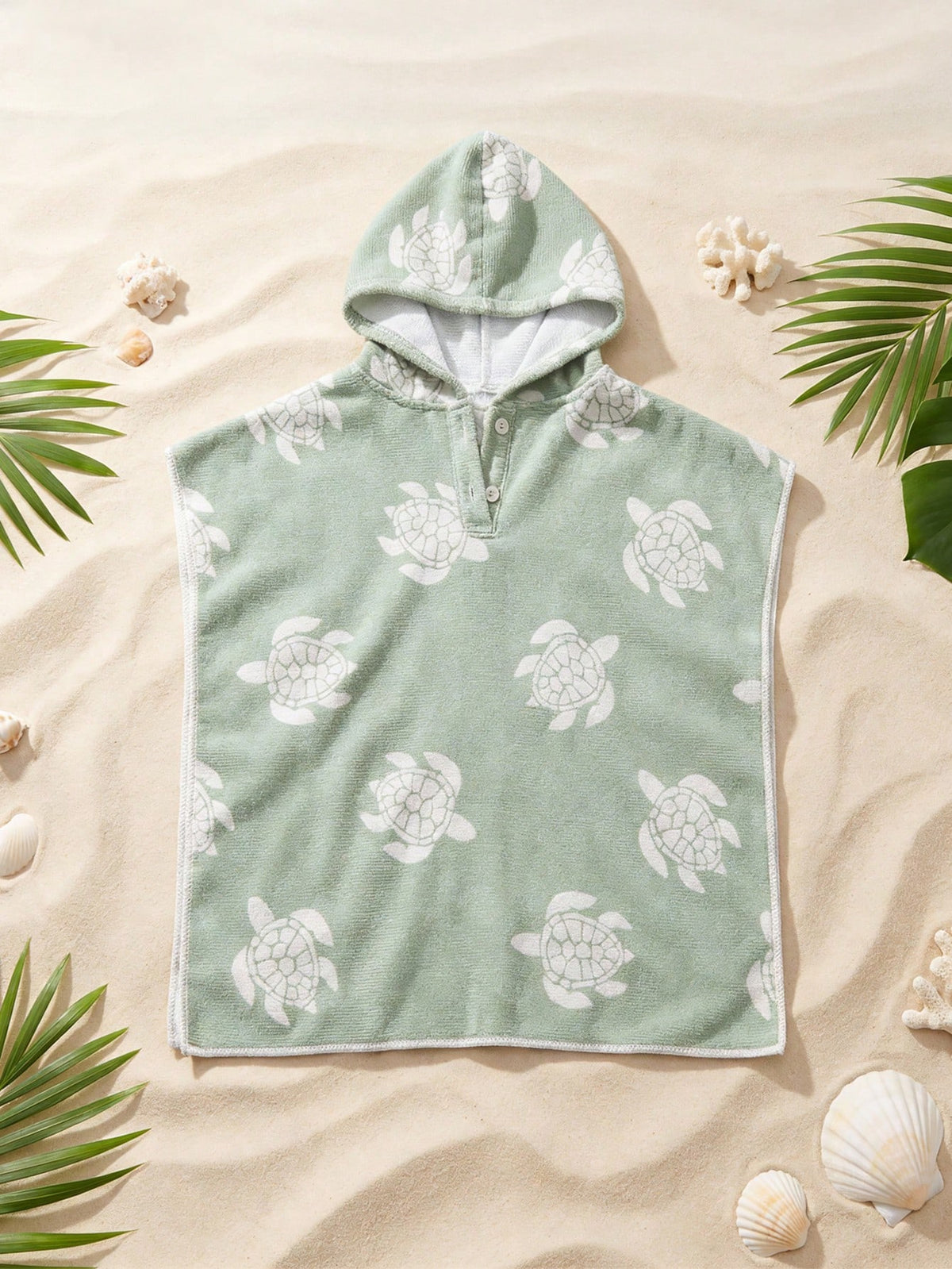 Toddler Boys' Sage Green Cartoon Sea Turtle Print Hooded Cover Up,Summer Casual Beach Vacation Holiday Infant Wearable Towel Poncho Swimwear Cape