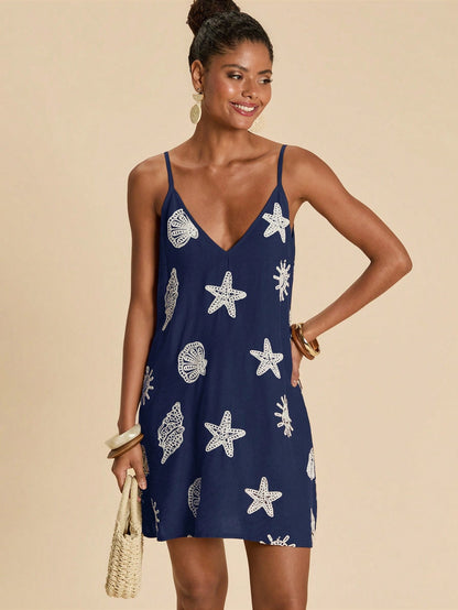 Travachic Elegant Boho Casual Vacation Embroidered Women's Dress Beach Navy Blue And White Summer