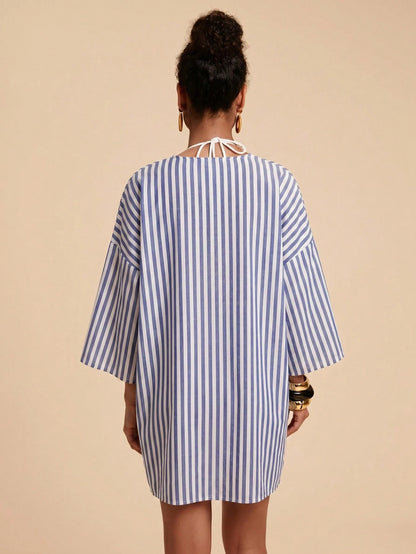 Travachic Women's Blue And White Striped Drop Shoulder Casual Sexy Tropical Kimono Cover-Up Beach Vacation Summer