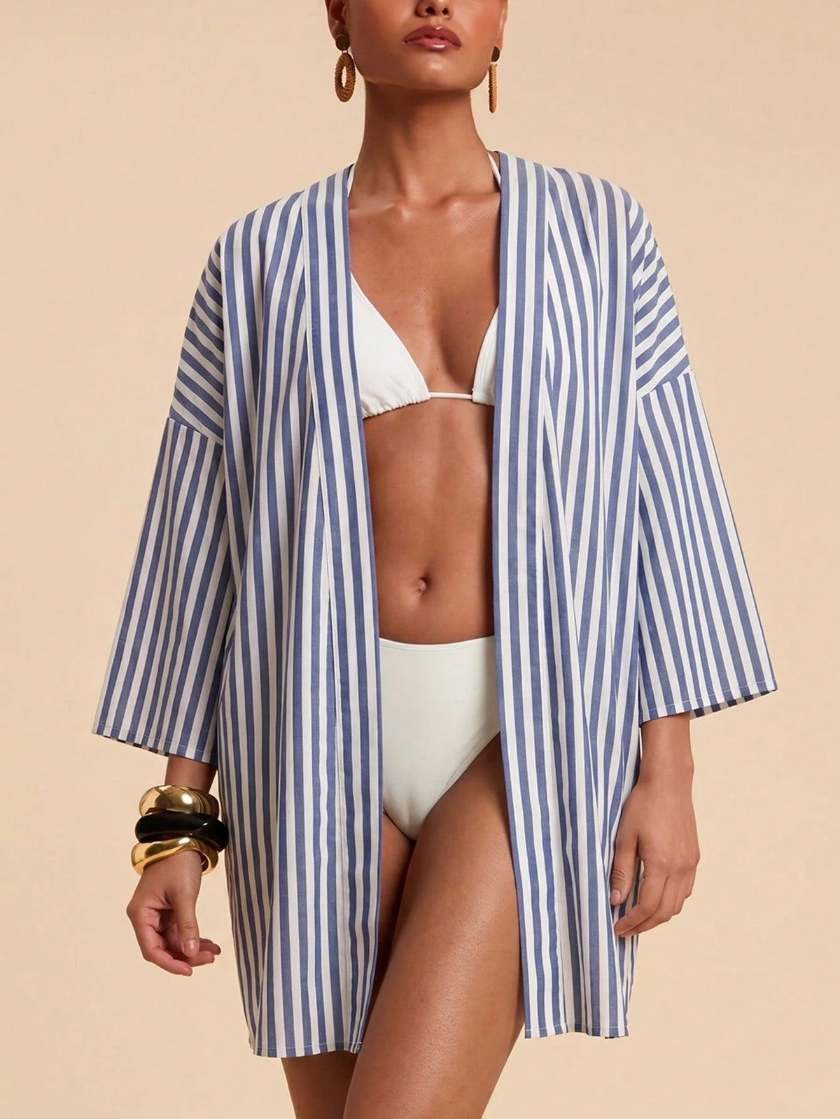 Travachic Women's Blue And White Striped Drop Shoulder Casual Sexy Tropical Kimono Cover-Up Beach Vacation Summer
