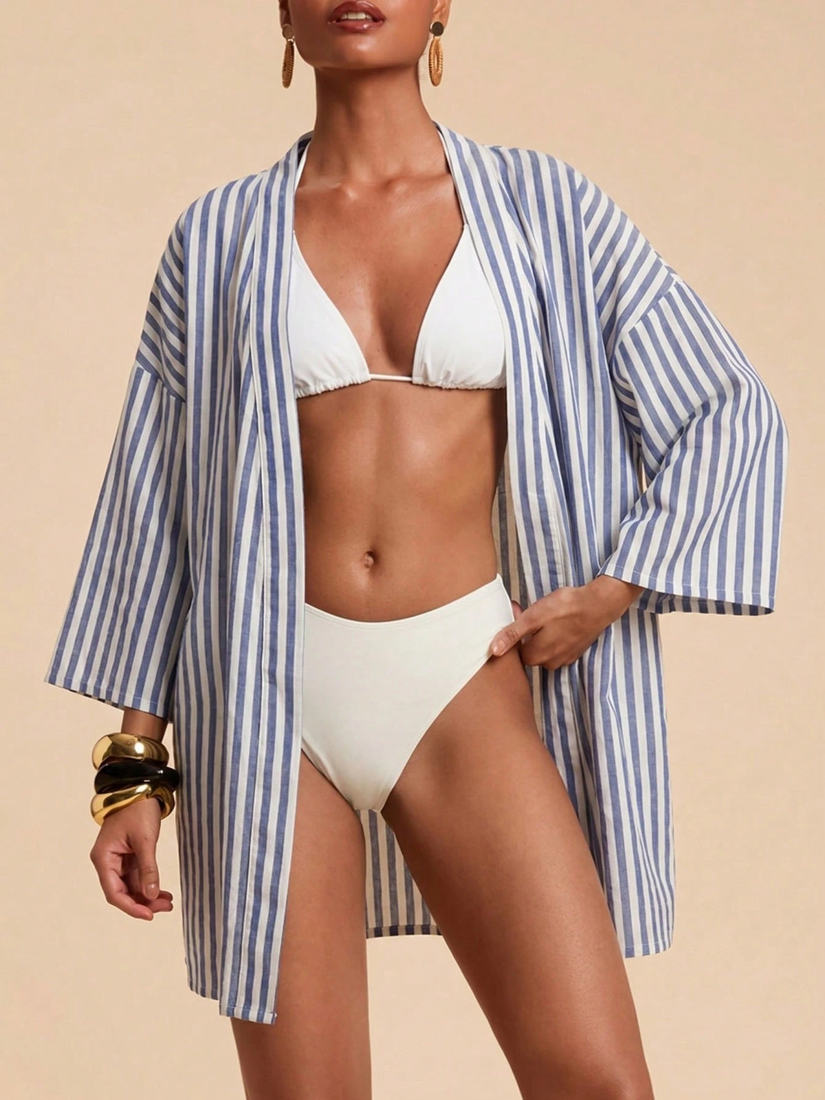 Travachic Women's Blue And White Striped Drop Shoulder Casual Sexy Tropical Kimono Cover-Up Beach Vacation Summer