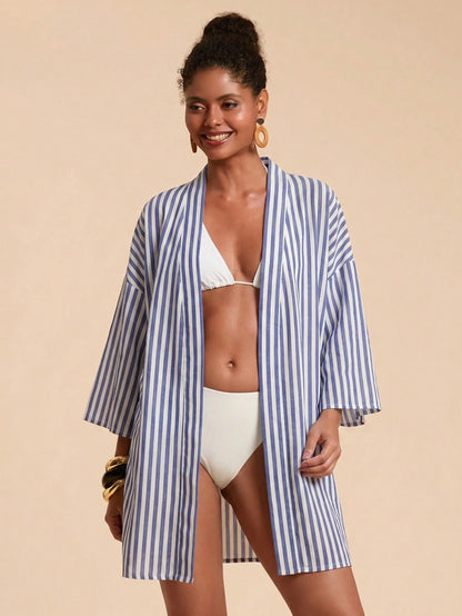 Travachic Women's Blue And White Striped Drop Shoulder Casual Sexy Tropical Kimono Cover-Up Beach Vacation Summer