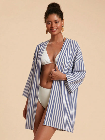 Travachic Women's Blue And White Striped Drop Shoulder Casual Sexy Tropical Kimono Cover-Up Beach Vacation Summer