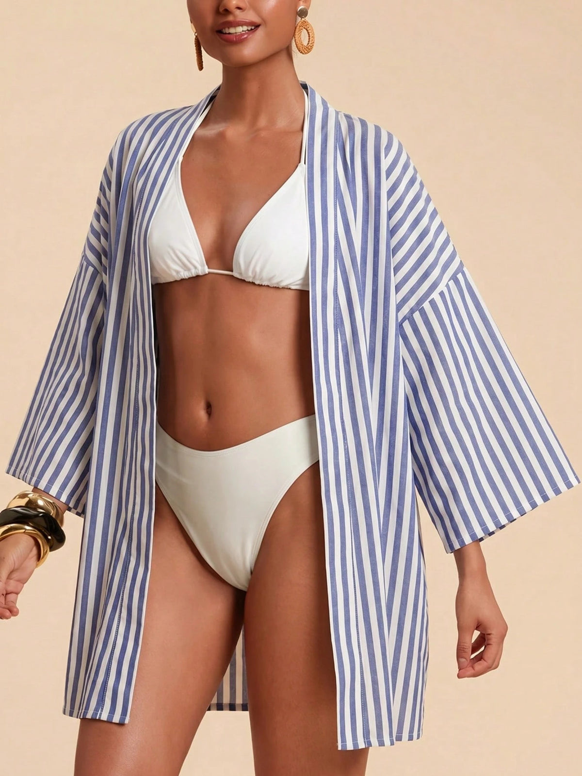Travachic Women's Blue And White Striped Drop Shoulder Casual Sexy Tropical Kimono Cover-Up Beach Vacation Summer