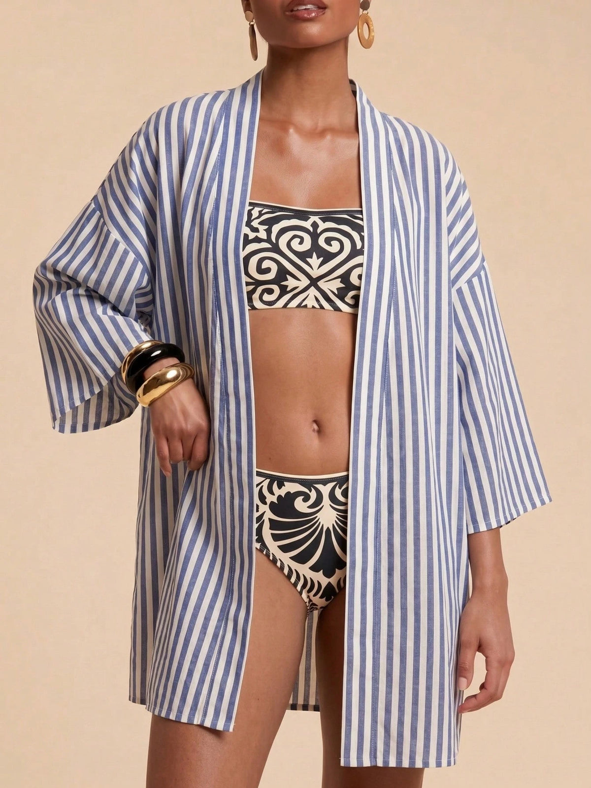 Travachic Women's Blue And White Striped Drop Shoulder Casual Sexy Tropical Kimono Cover-Up Beach Vacation Summer