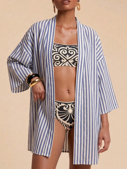 Travachic Women's Blue And White Striped Drop Shoulder Casual Sexy Tropical Kimono Cover-Up Beach Vacation Summer