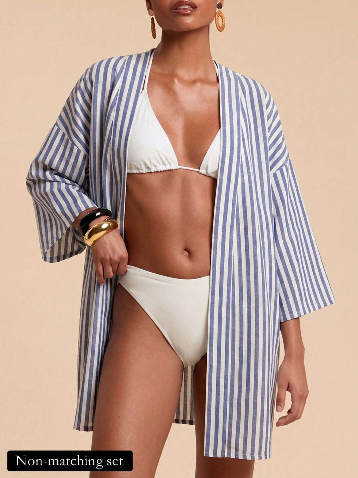 Travachic Women's Blue And White Striped Drop Shoulder Casual Sexy Tropical Kimono Cover-Up Beach Vacation Summer